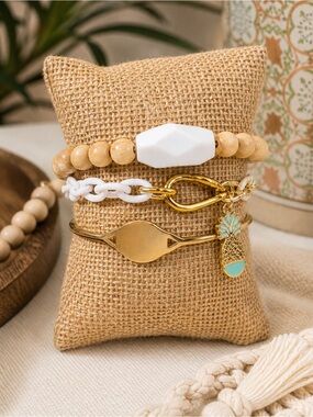 Plunder Bracelet Set 3pc Gold Neutral Stack Beaded Chain Cuff Pineapple Charm